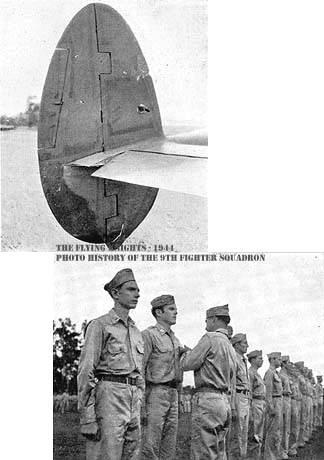 Bong's damaged plane; men receiving decorations